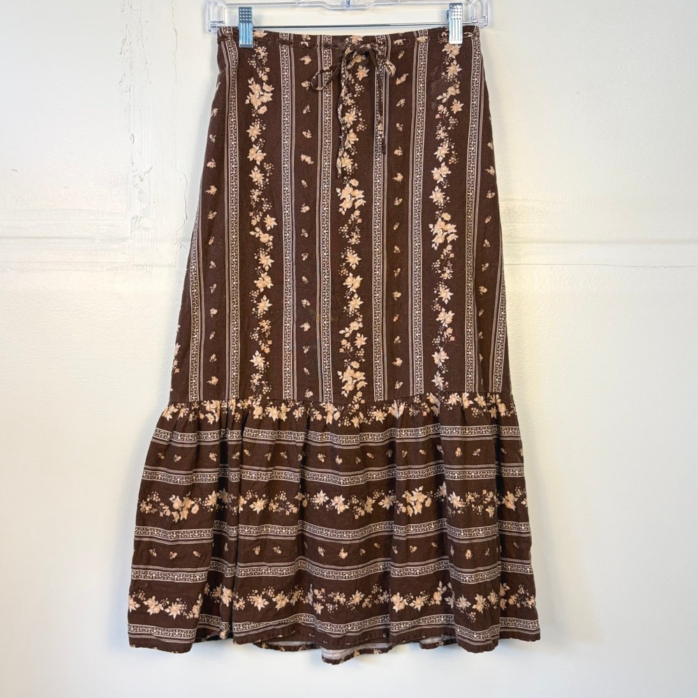 Rachel Zoe Brown Floral Fall Tiered Midi Skirt Boho Cottagecore XS